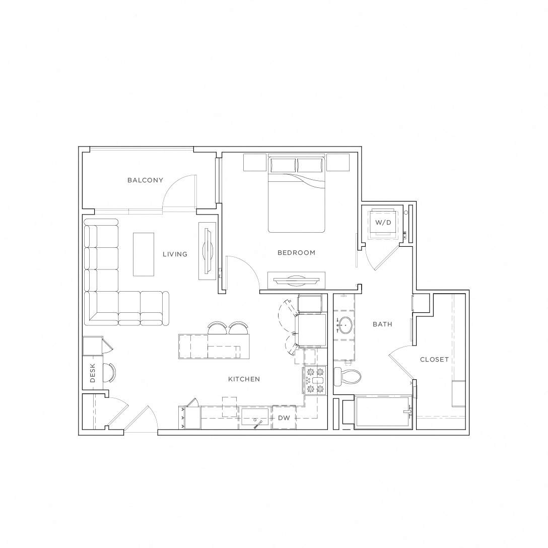 Floor plan for 1 bed, 1 bath, 733 sqft